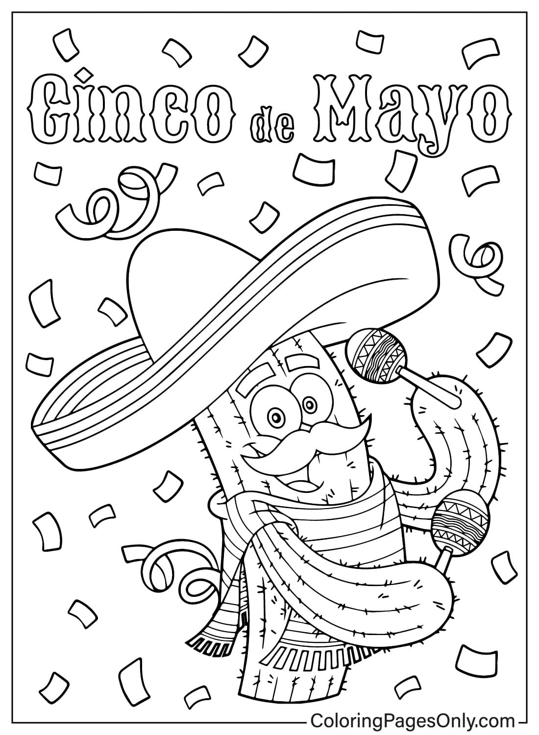 Personaje de dibujos animados de cactus mexicano feliz agitando maracas del Cinco de Mayo