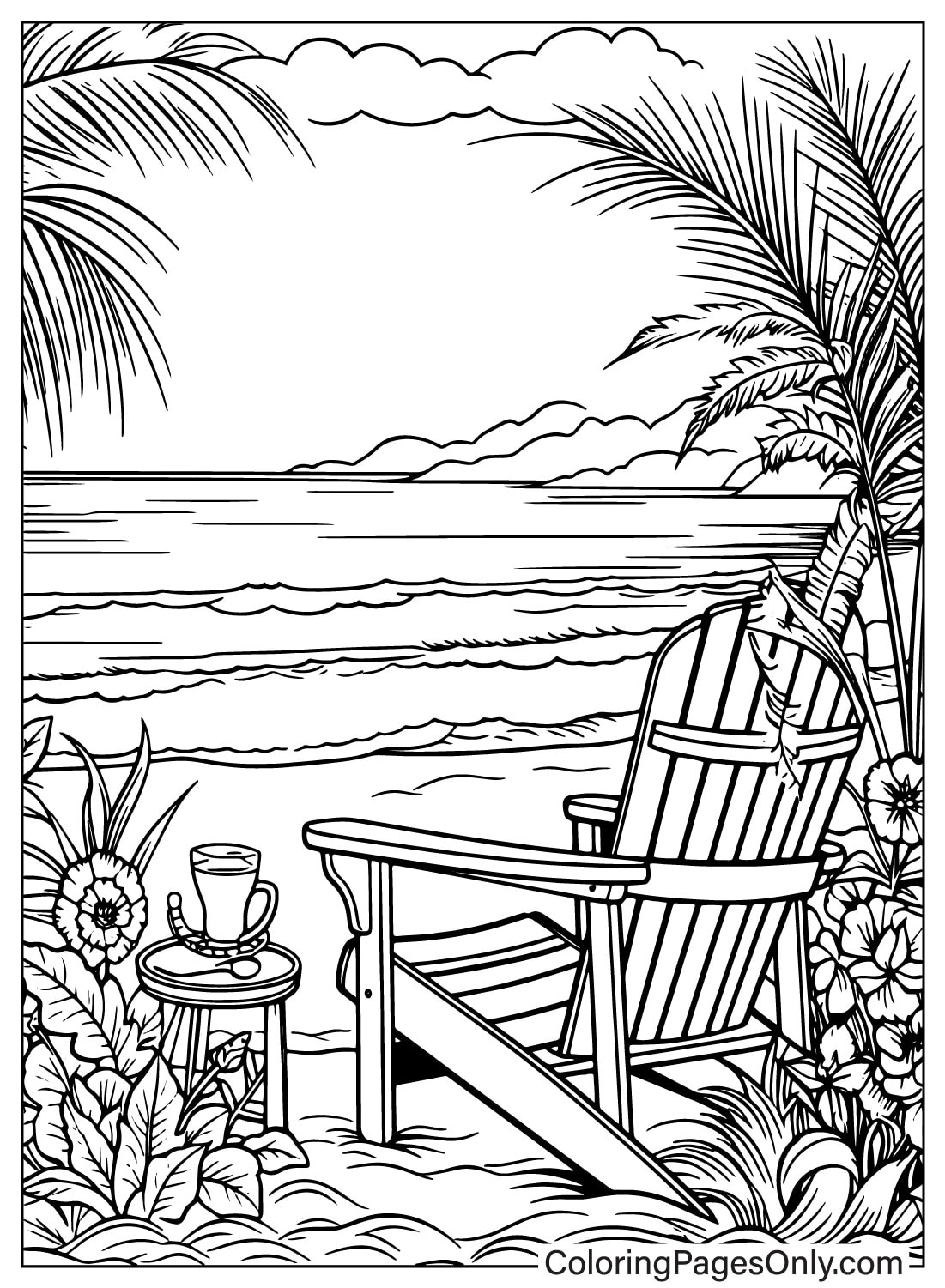 Un dibujo de una escena de playa con una silla y palmeras.