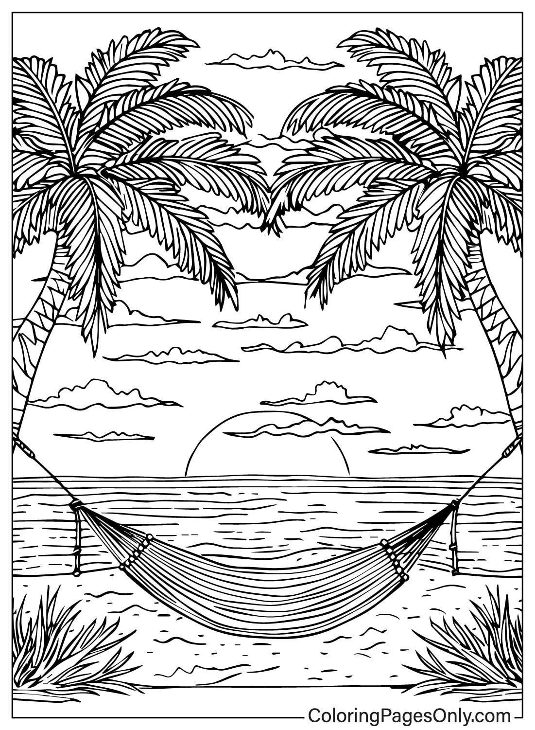 Dibujo de una hamaca entre dos palmeras.