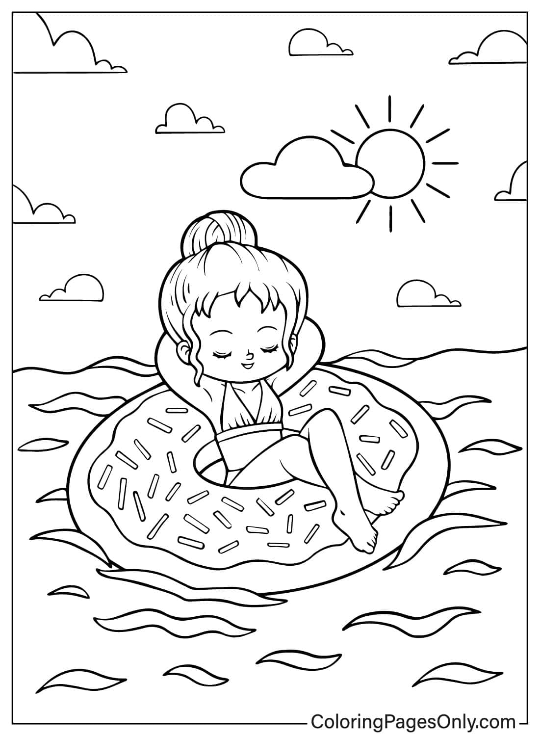 游泳时躺在水中漂浮物上的女孩