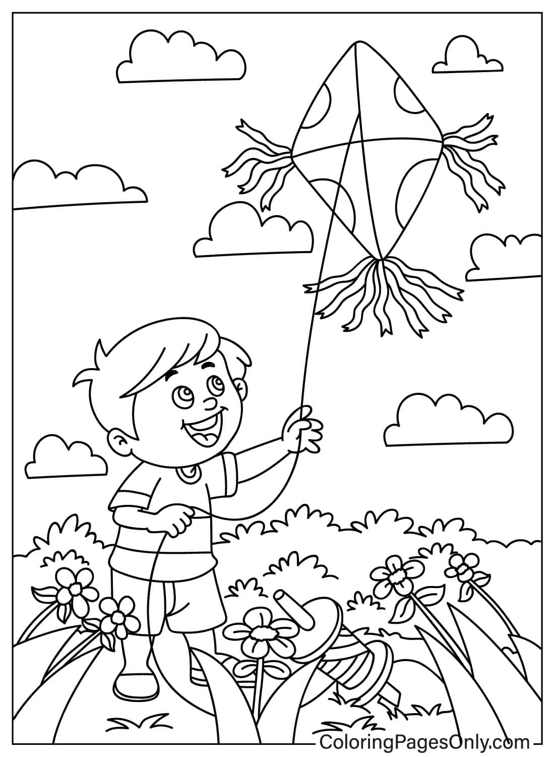Niño feliz volando una cometa con flores de cometa
