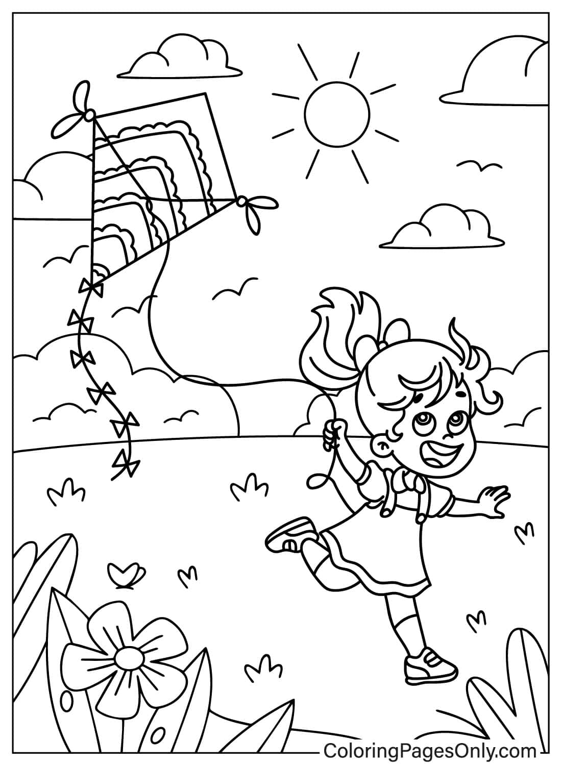 Счастливая маленькая девочка запускает воздушного змея на лужайке от воздушного змея