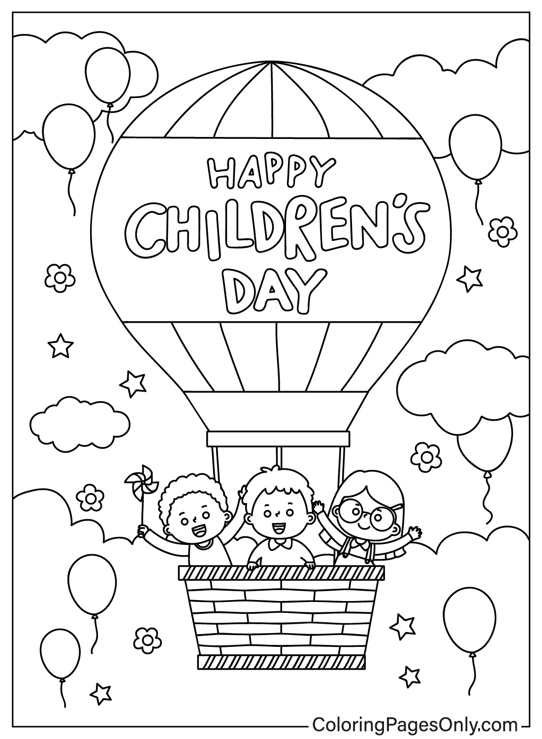 Tres niños en un globo aerostático del Día del Niño