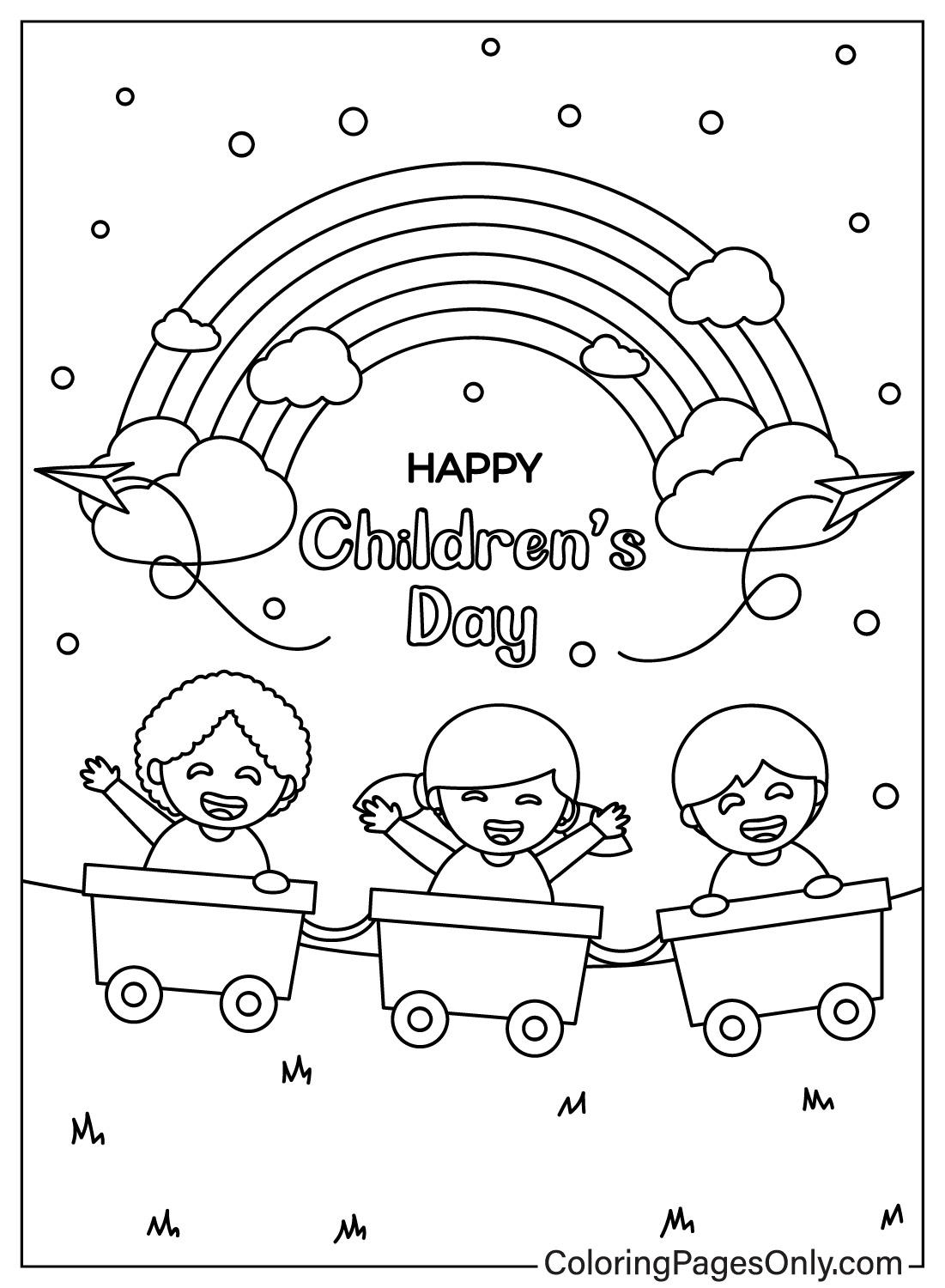 Трое счастливых детей сидят в рикше с Дня защиты детей