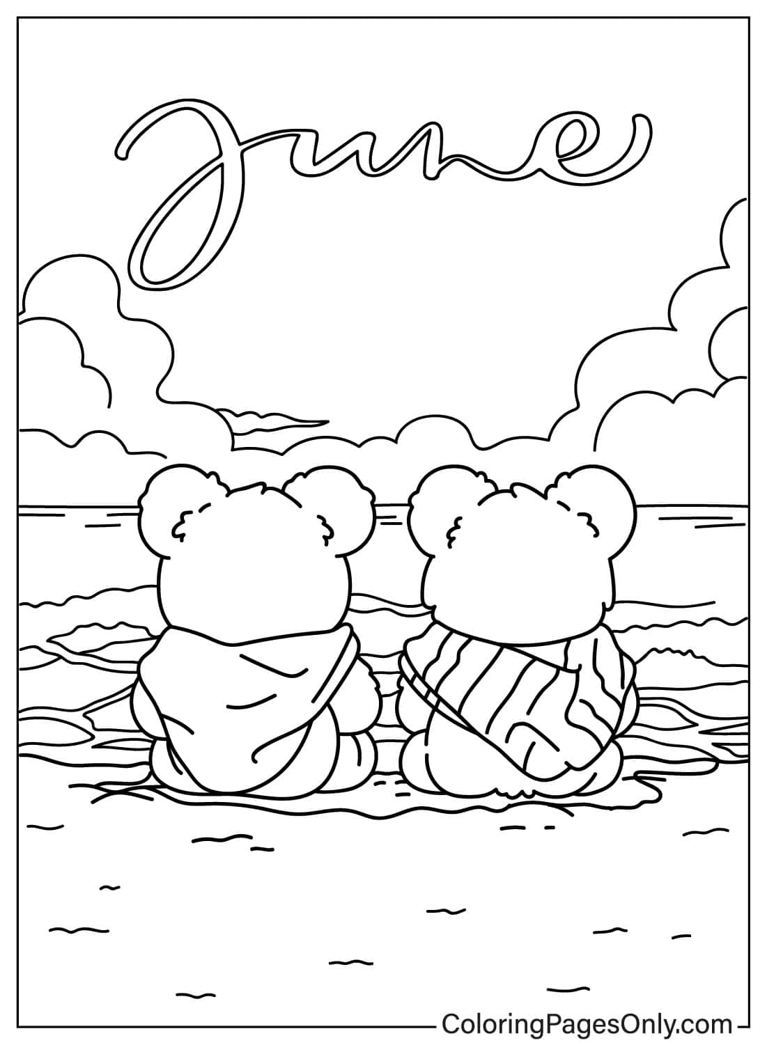Deux ours assis et regardant la mer à partir de juin
