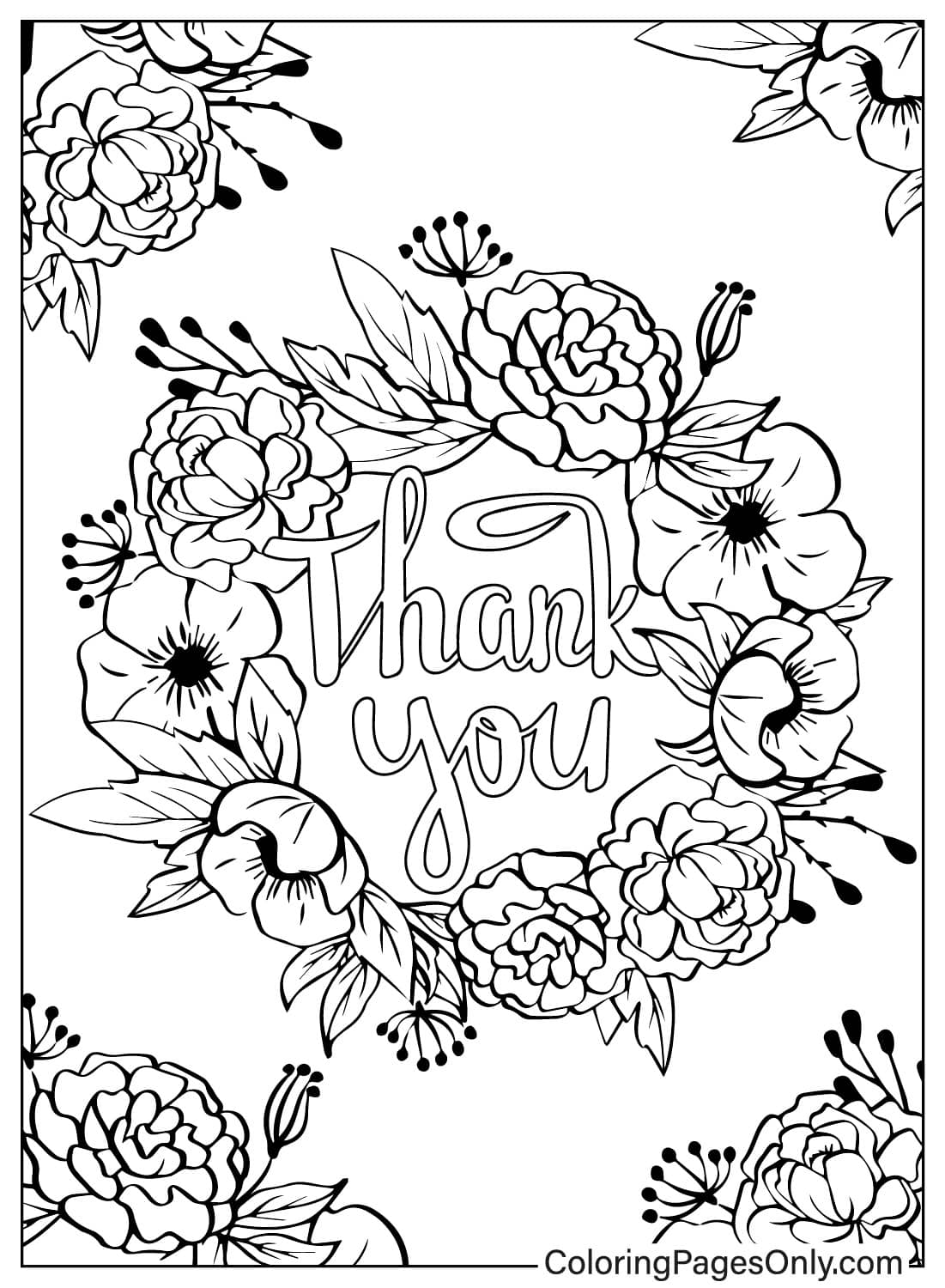 Floral Thank You Design - Free Printable Coloring Pages