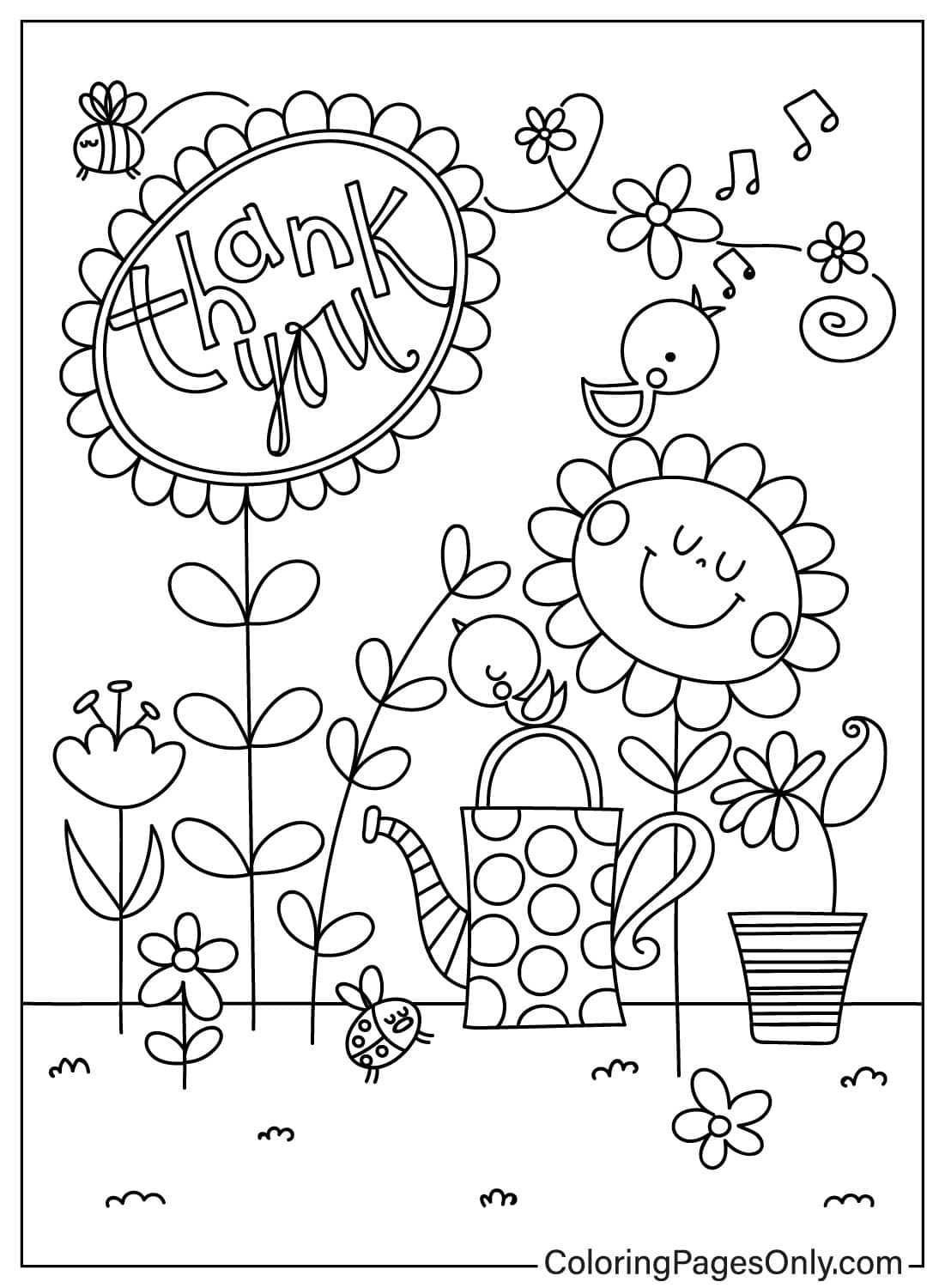 Flowers with Thanks in the Flower Garden - Free Printable Coloring Pages