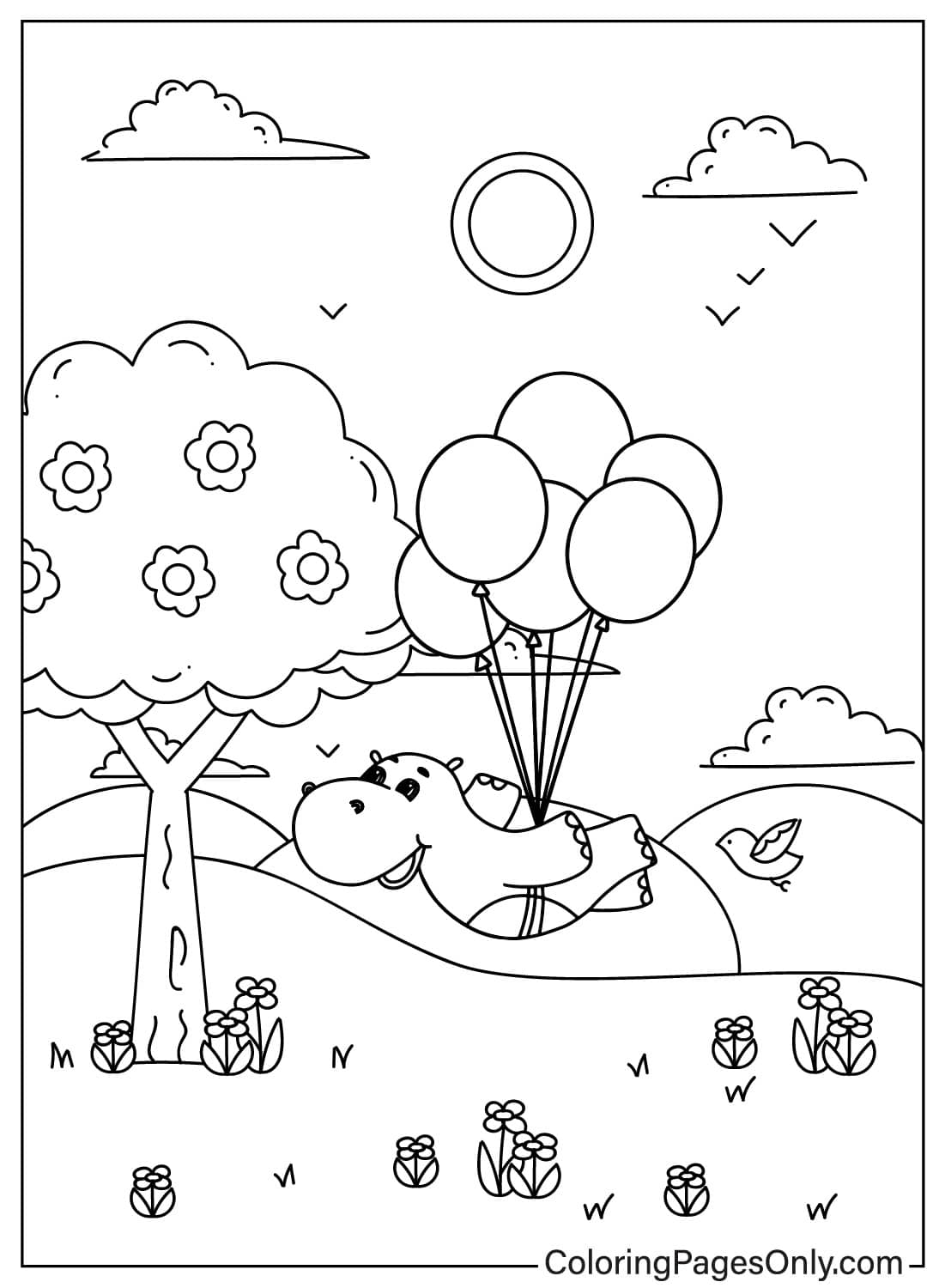 Hippo Flying with Balloons with Bird - Free Printable Coloring Pages