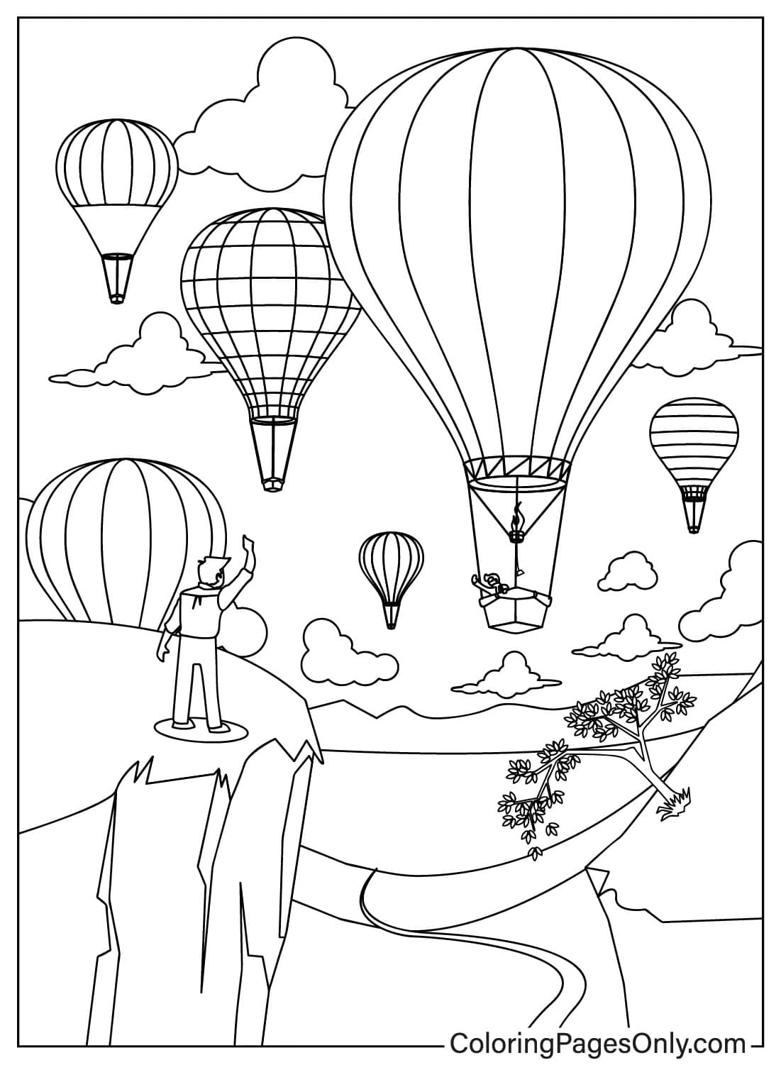 بالونات الهواء الساخن مع المناظر الطبيعية صفحات تلوين مجانية قابلة