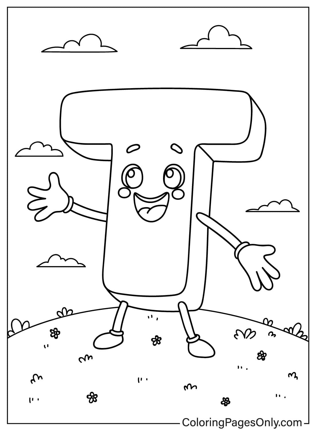 Letter T In Cartoon Style - Free Printable Coloring Pages