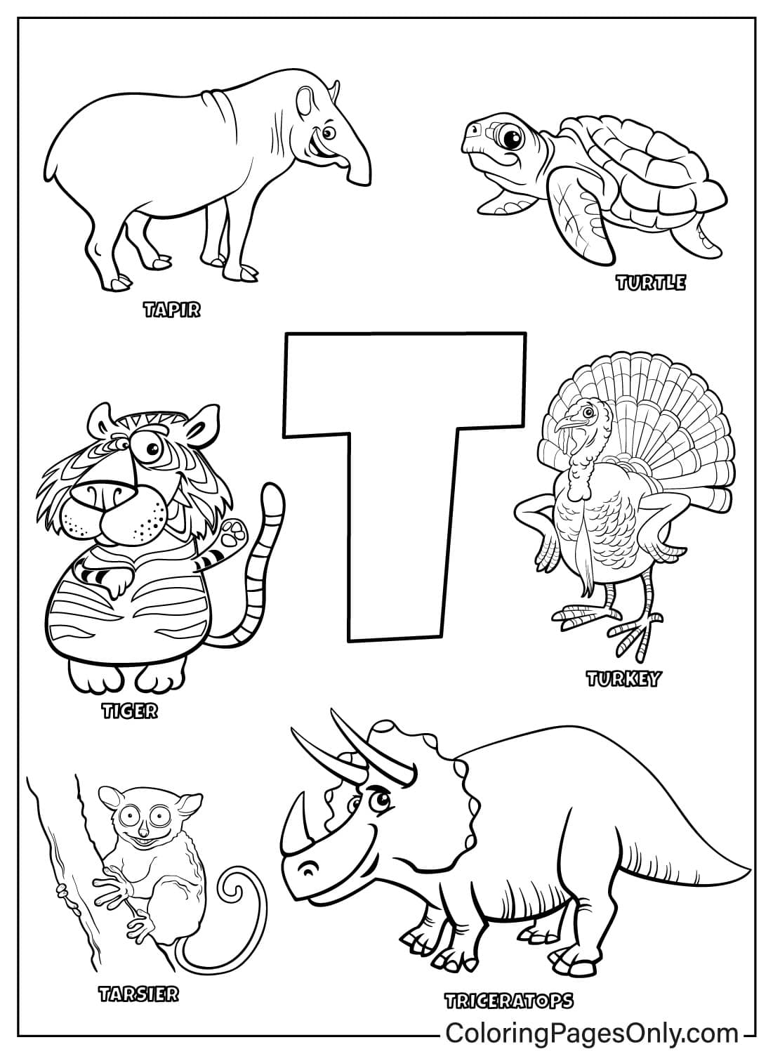 Words Starting With Letter T Free Printable Coloring Pages