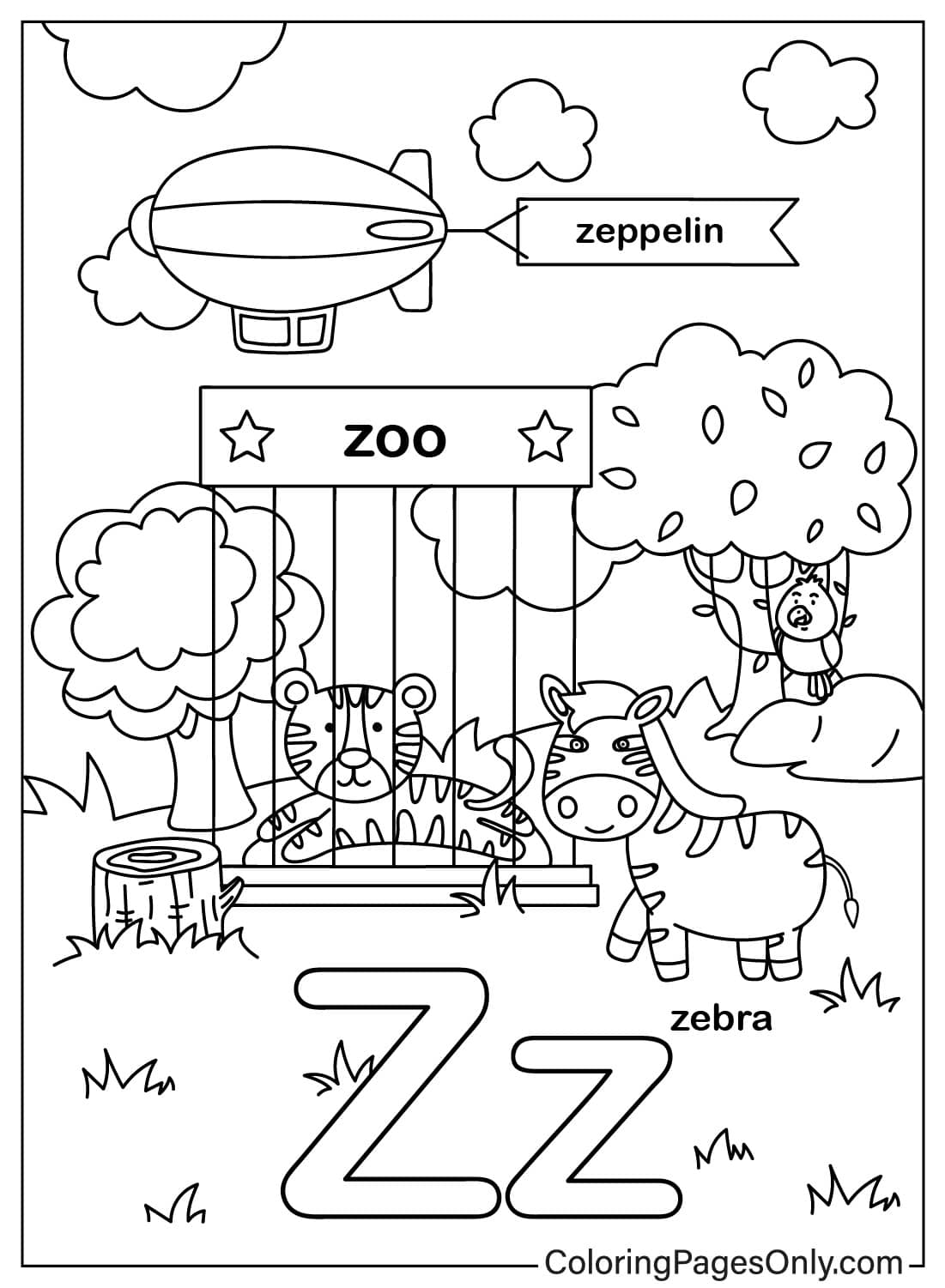 Learning Letter Z Free Printable Coloring Pages