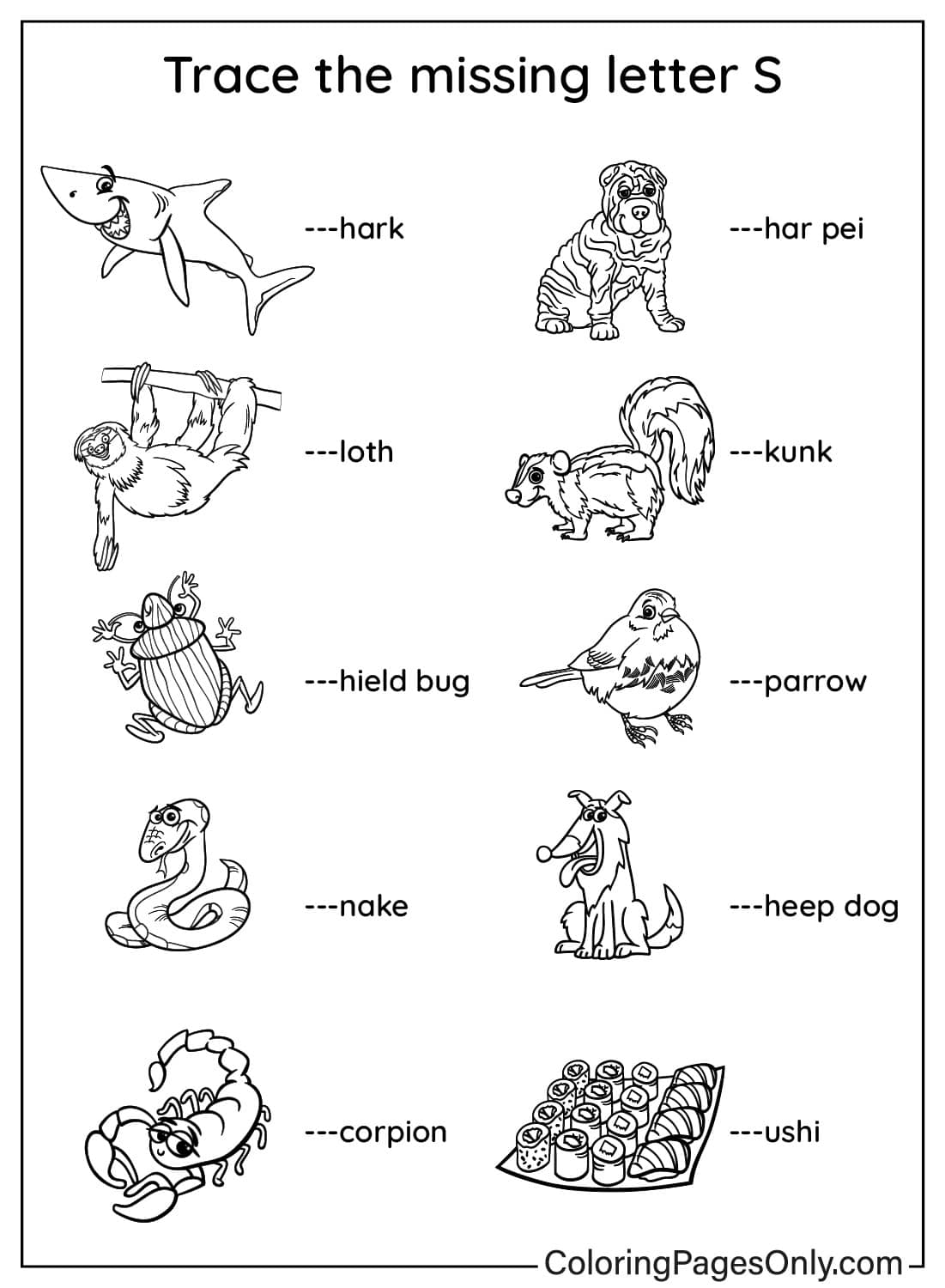 Letter S and Related Animals - Free Printable Coloring Pages