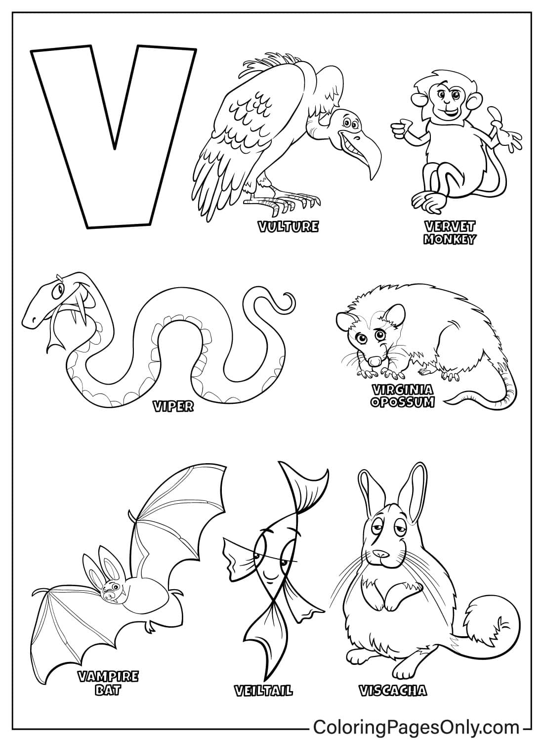 Cute Letter V - Free Printable Coloring Pages