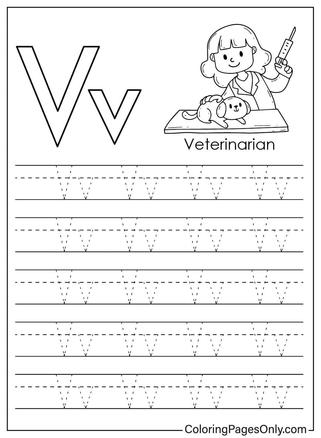رسم حرف V للطبيب البيطري - صفحات تلوين قابلة للطباعة مجانًا