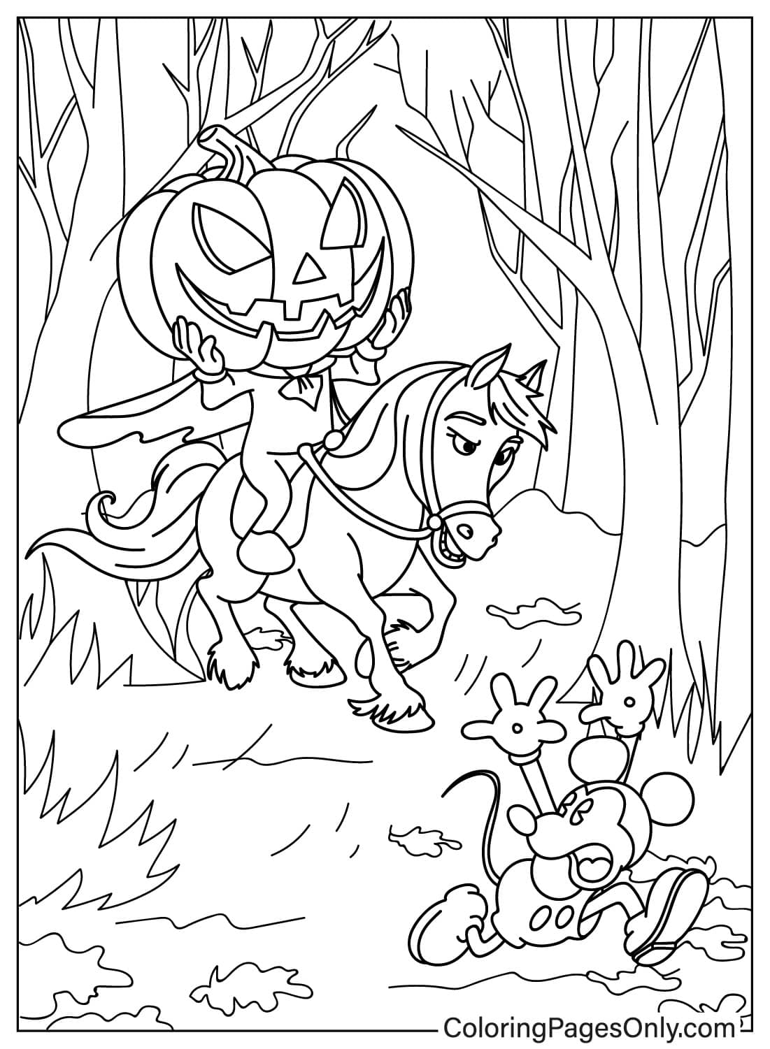 Headless Horseman Chasing Mickey Mouse - Free Printable Coloring Pages