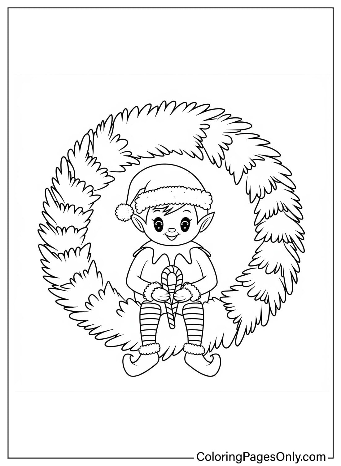 Elf with Christmas Wreath - Free Printable Coloring Pages