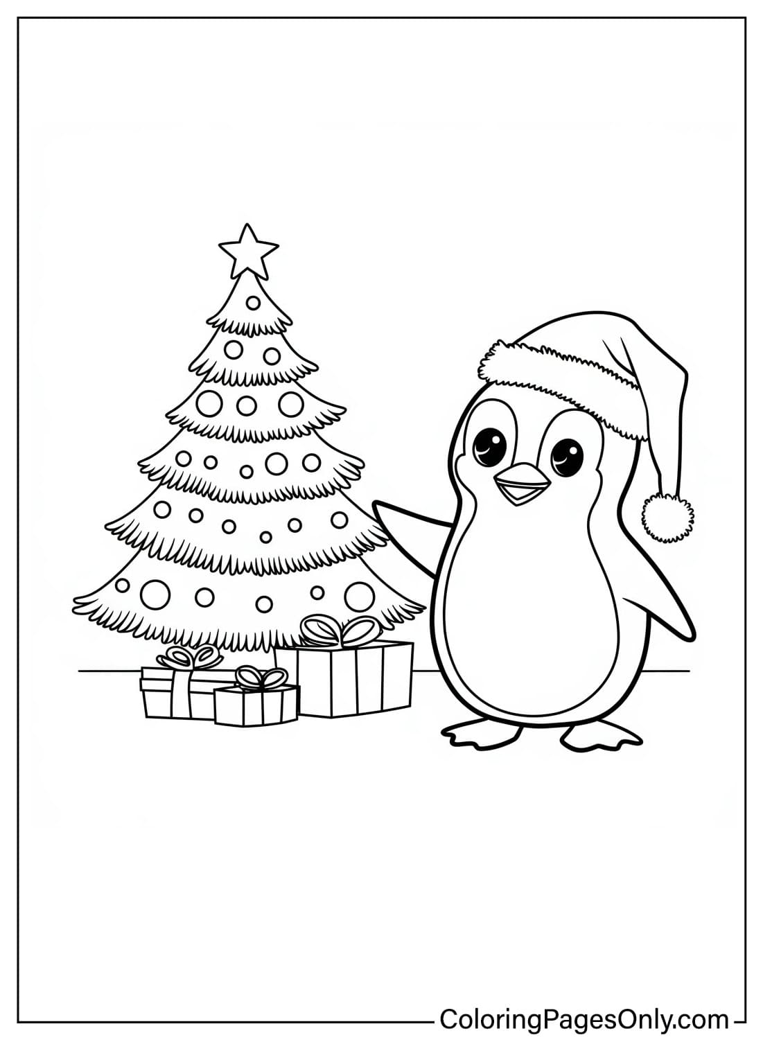 Penguin with Christmas Tree Free Printable Coloring Pages