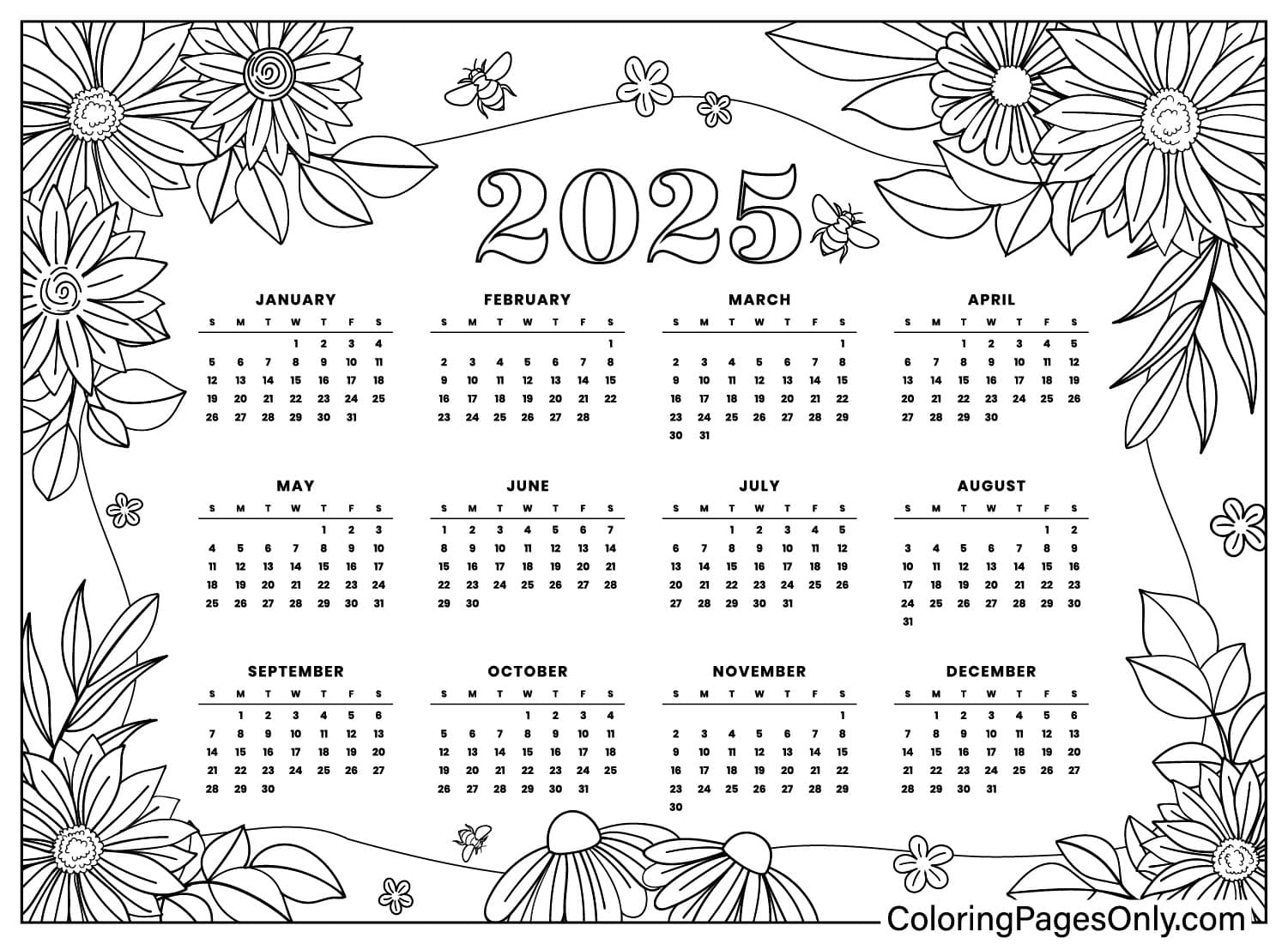 Páginas para colorear del Calendario 2025 ¡Prepárate para el Año Nuevo