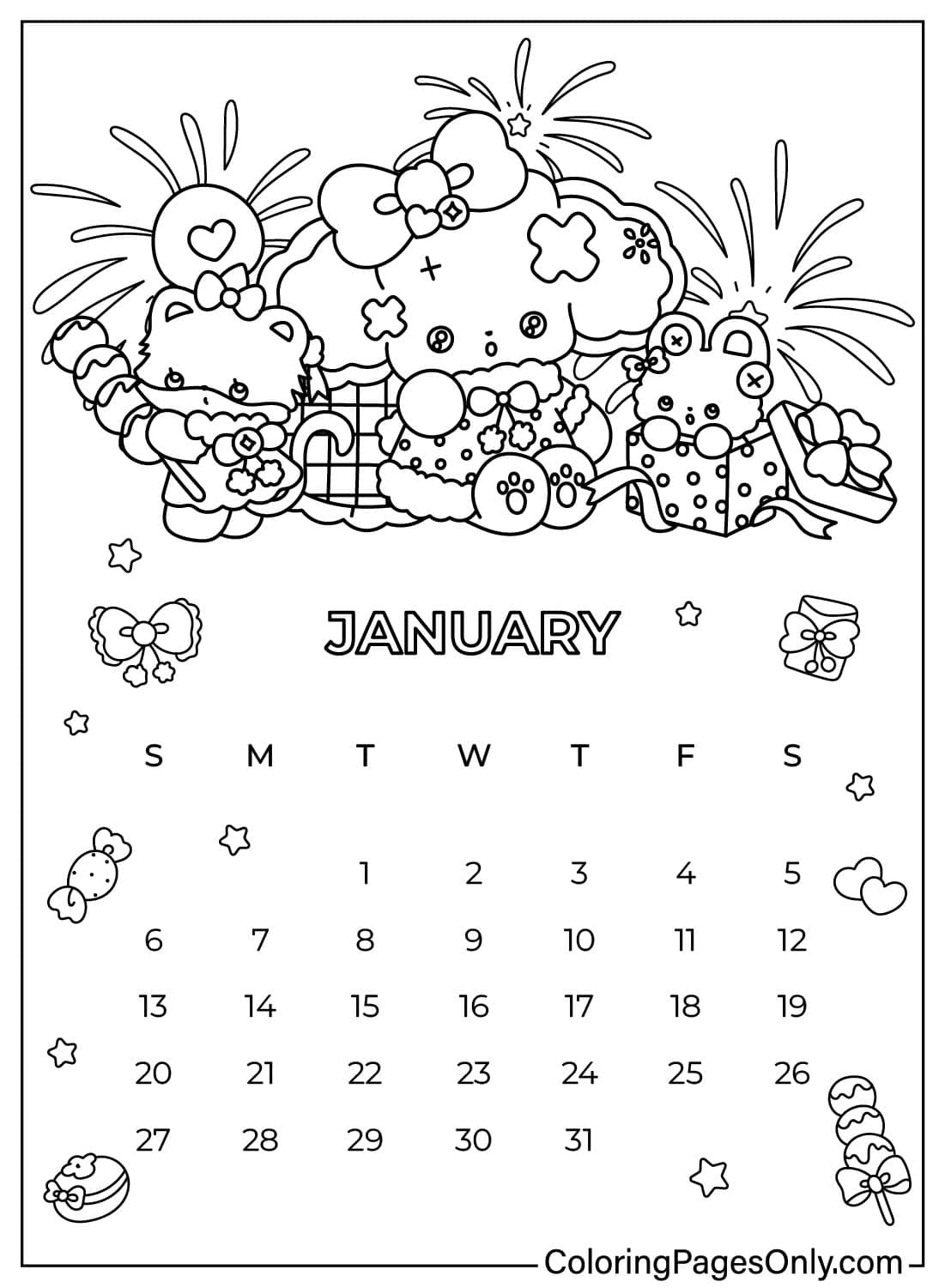 Cute January Calendar 2025 Free Printable Coloring Pages