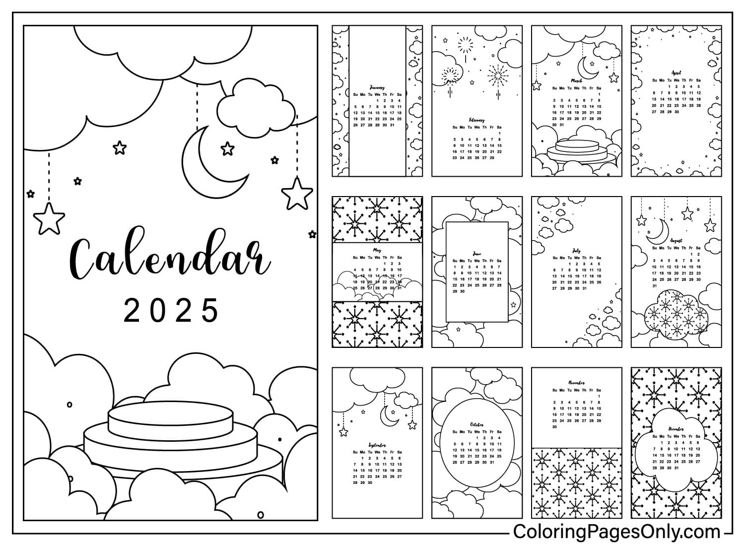 Páginas para colorear del Calendario 2025 ¡Prepárate para el Año Nuevo