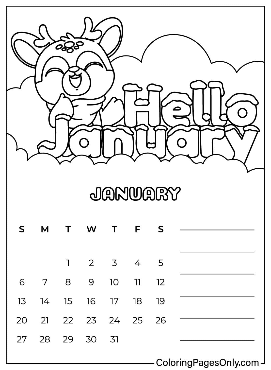 Hello January 2025 Free Printable Coloring Pages