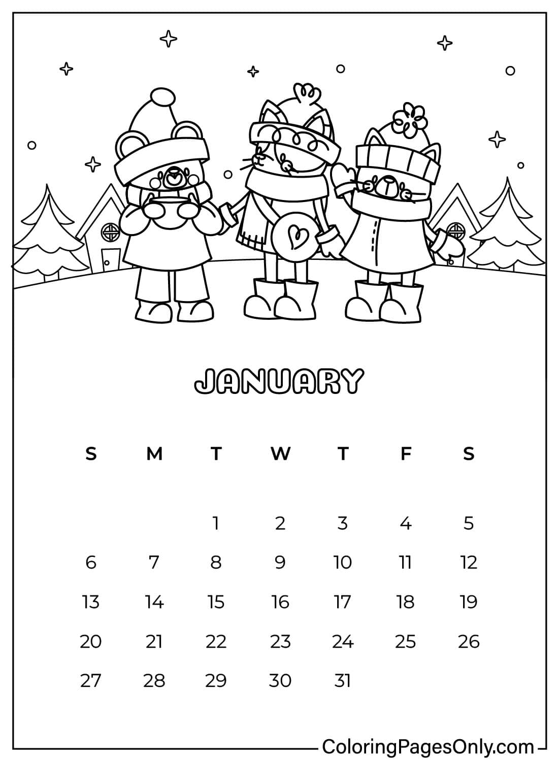 January of Calendar 2025 Free Printable Coloring Pages