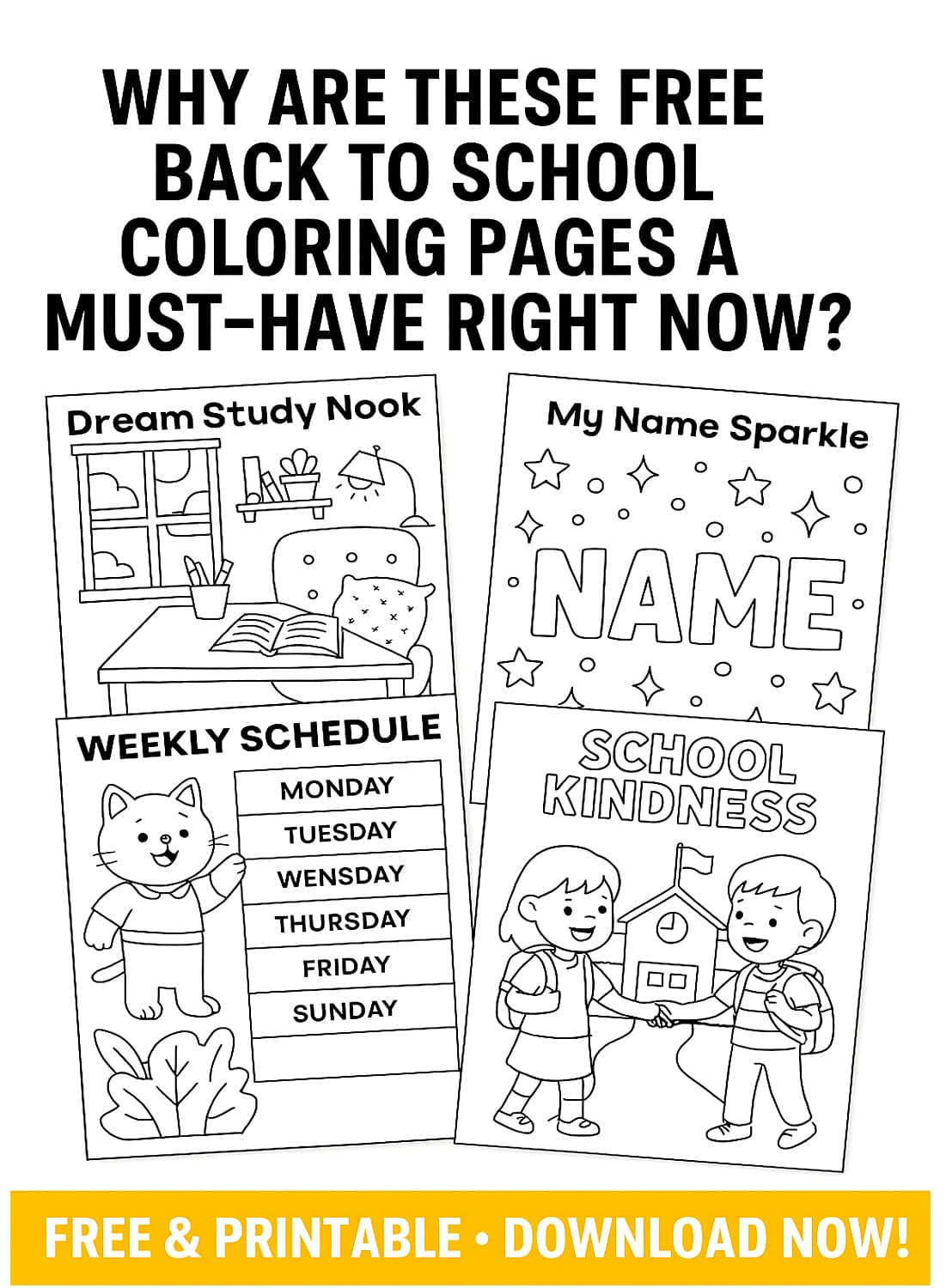 Free printable Back to School coloring pages with headline and download banner