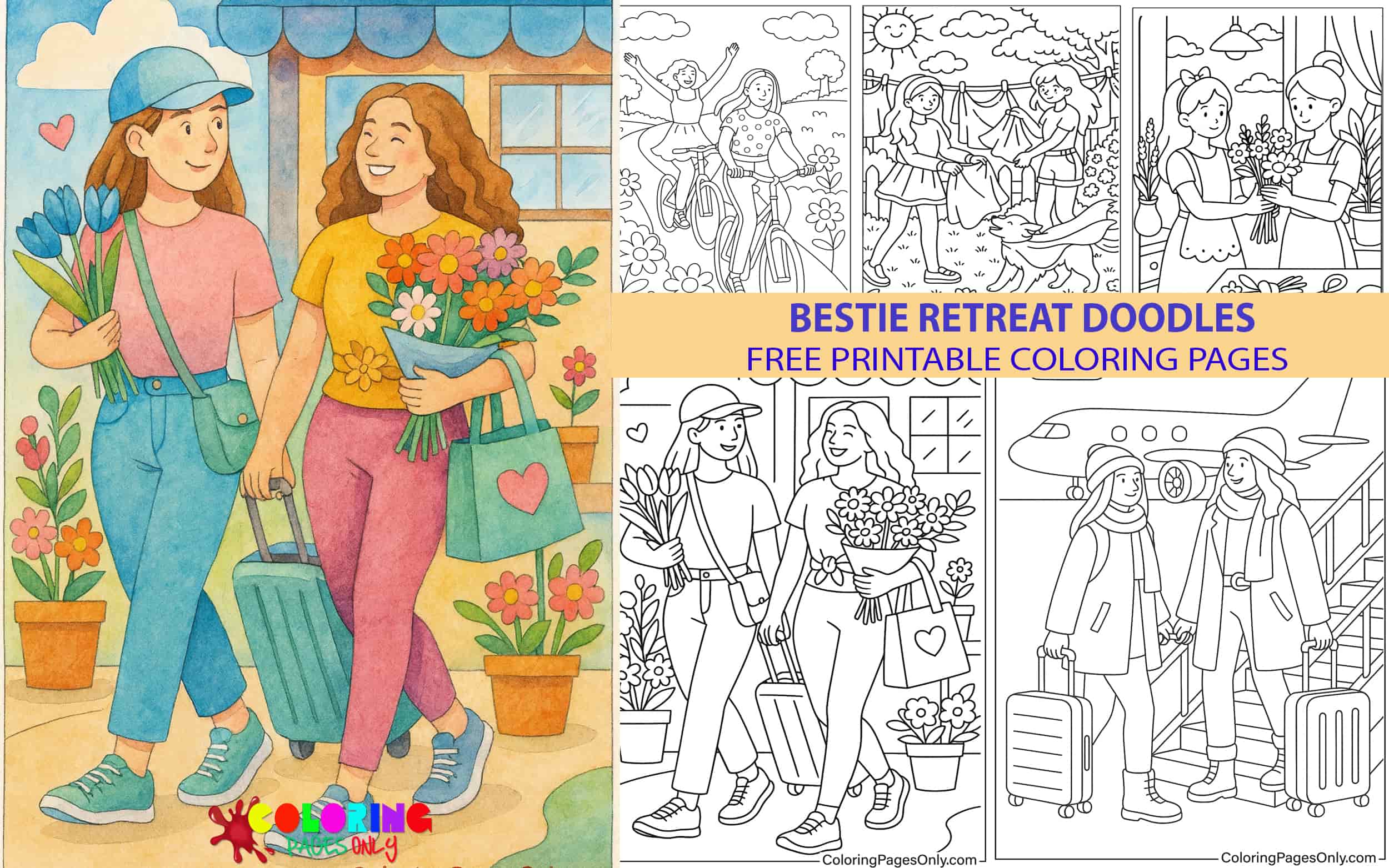 Bestie Retreat Doodles Coloring Pages