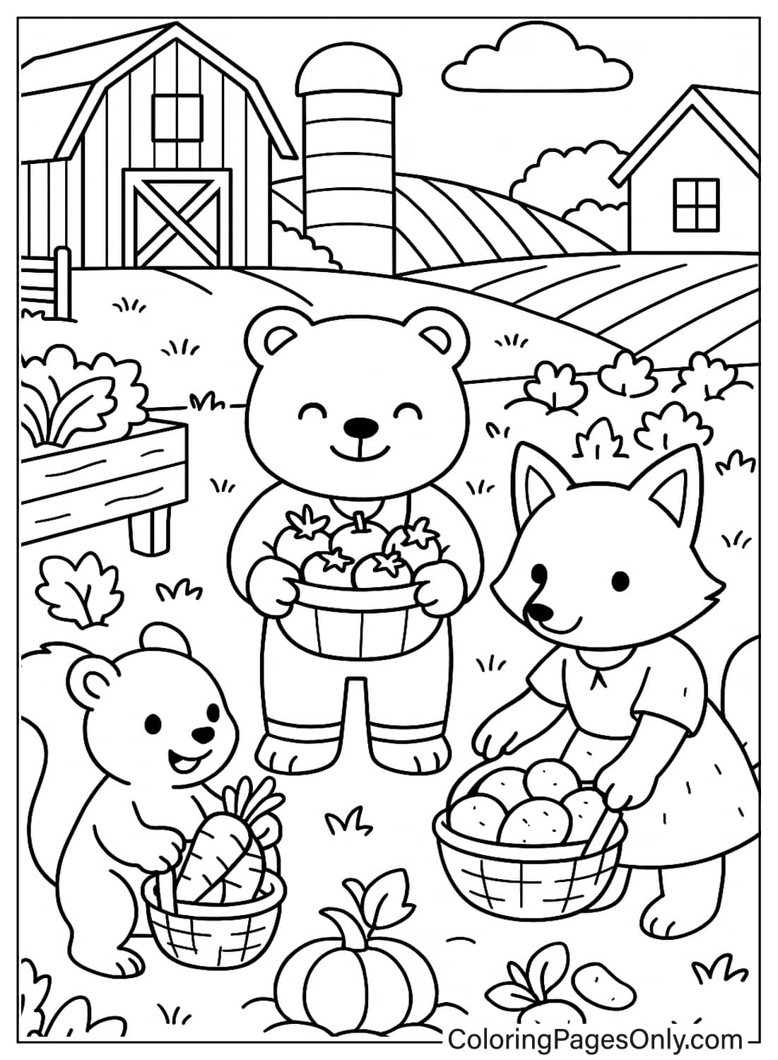 دب وثعلب وسنجاب يحصدون الخضراوات في مزرعة، صورة رائعة لصفحات تلوين حيوانات كوتيدجكور. من حيوانات كوتيدجكور