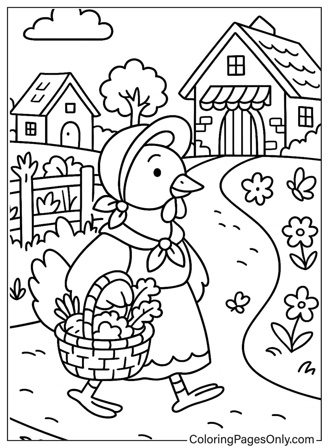 دجاجة في قبعة تحمل سلة خضراوات، صفحات تلوين حيوانات كوتيدجكور المبهجة. من حيوانات كوتيدجكور