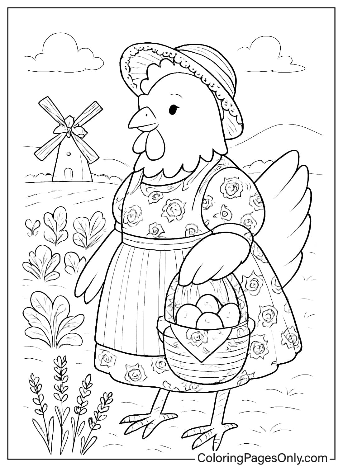 دجاجة ترتدي سلة بيض، صورة ساحرة لصفحات تلوين حيوانات كوتيدجكور. من حيوانات كوتيدجكور