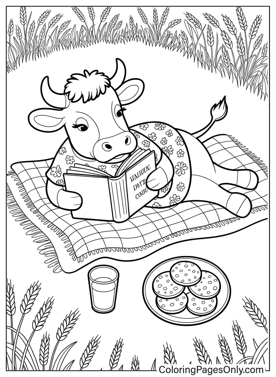 بقرة تقرأ كتابًا وتستمتع بنزهة، صورة ممتعة من صفحات تلوين حيوانات كوتيدجكور. من صفحات تلوين حيوانات كوتيدجكور