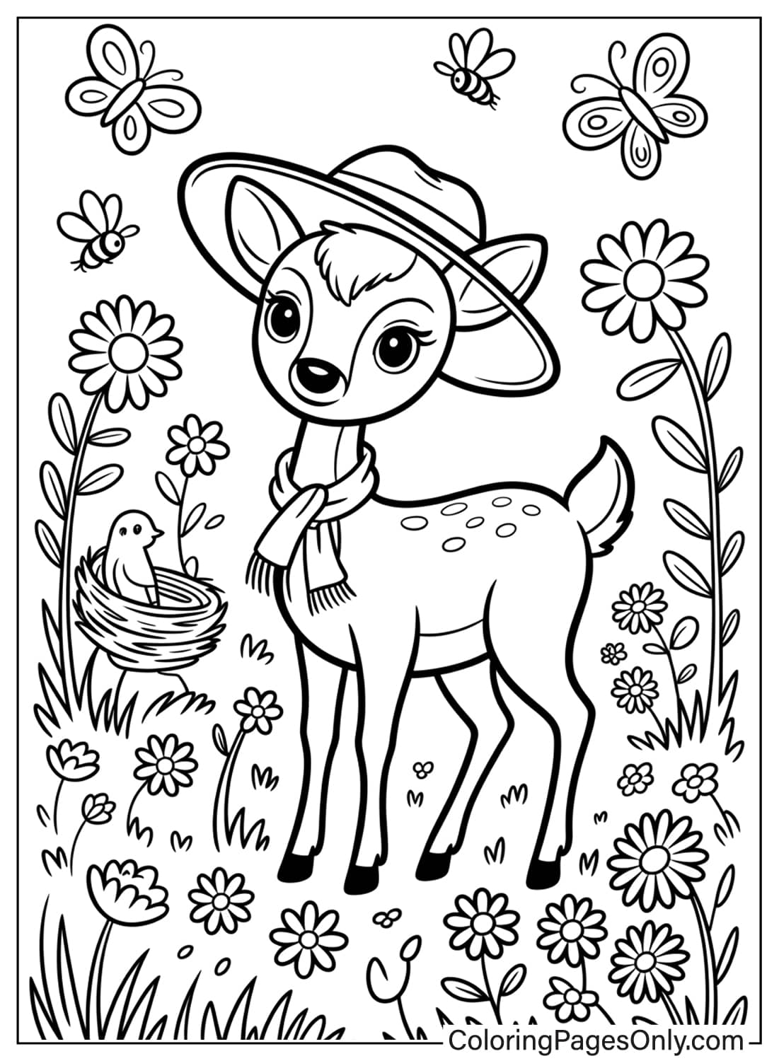 ظبي صغير لطيف يرتدي وشاحًا وقبعة في حقل من الزهور، صفحات تلوين حيوانات كوتيدجكور المبهجة. من حيوانات كوتيدجكور