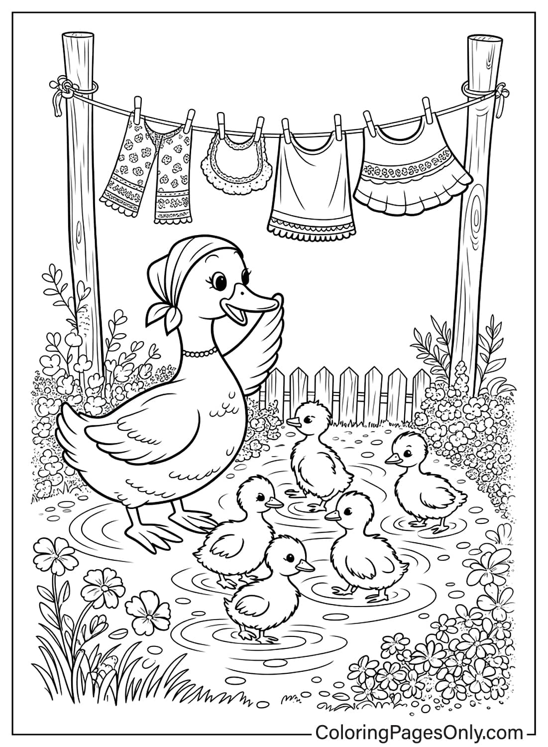 بطة أم مع صغارها في بركة ماء، صورة جميلة لصفحات تلوين حيوانات كوتيدجكور. من حيوانات كوتيدجكور