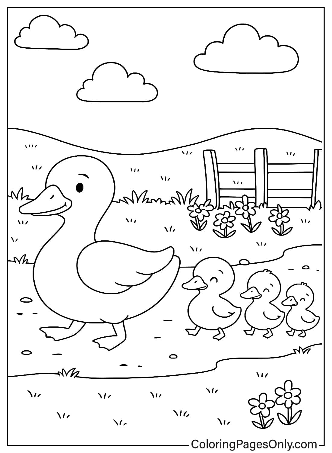 بطة أم تمشي مع صغارها الثلاثة، صورة رائعة من صفحات تلوين حيوانات كوتيدجكور. من صفحات تلوين حيوانات كوتيدجكور