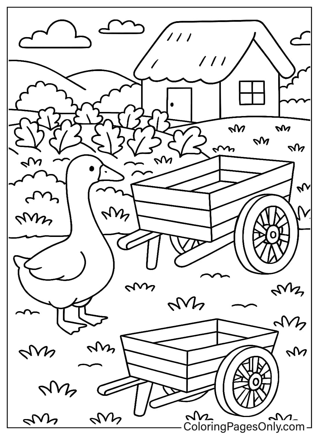 أوزة تقف بجانب عربتين مع كوخ في الخلفية، صفحات تلوين حيوانات كوتيدجكور الريفية. من حيوانات كوتيدجكور