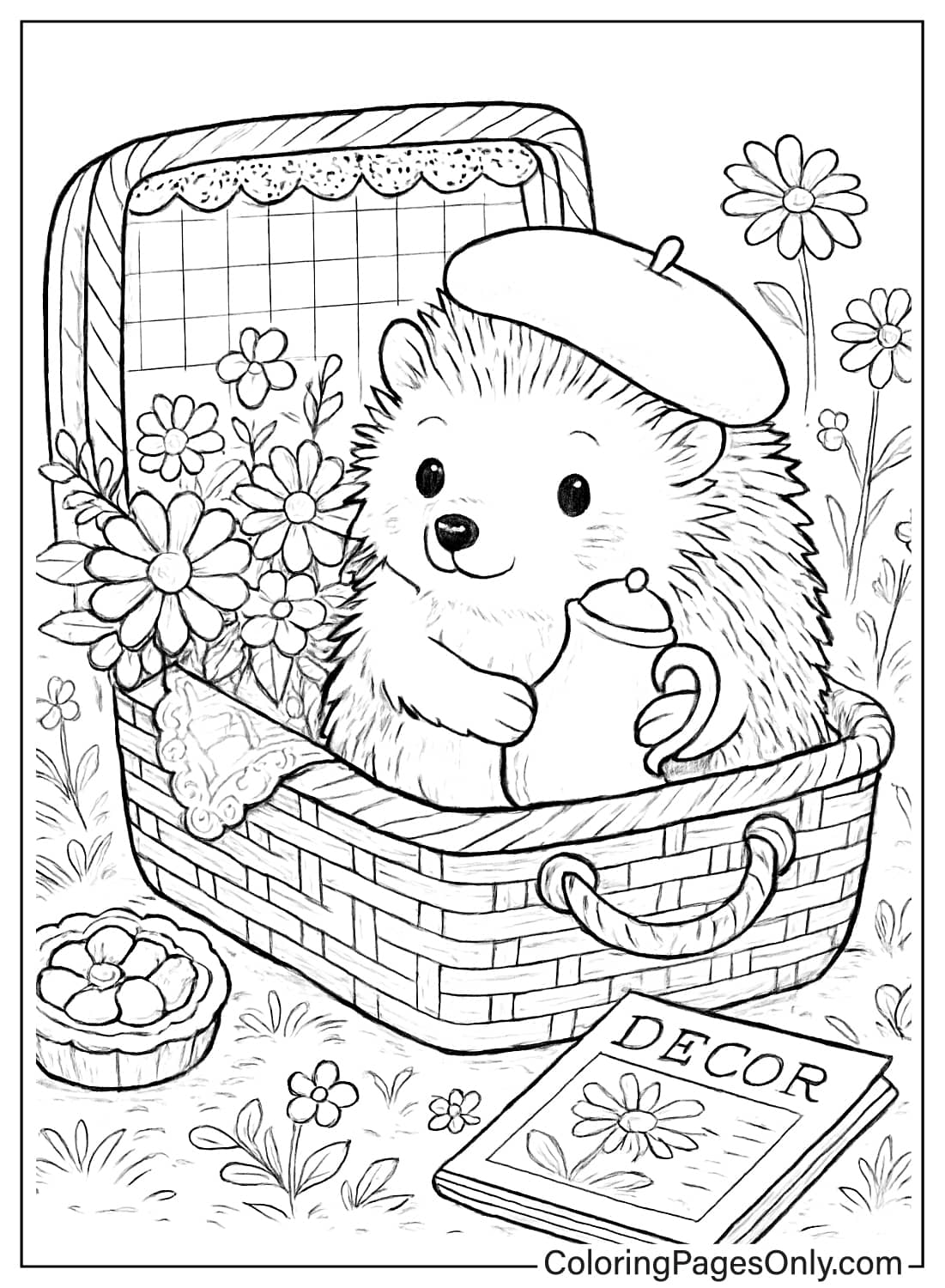 قنفذ مع إبريق شاي في سلة نزهة، مشهد ساحر لصفحات تلوين حيوانات كوتيدجكور. من حيوانات كوتيدجكور