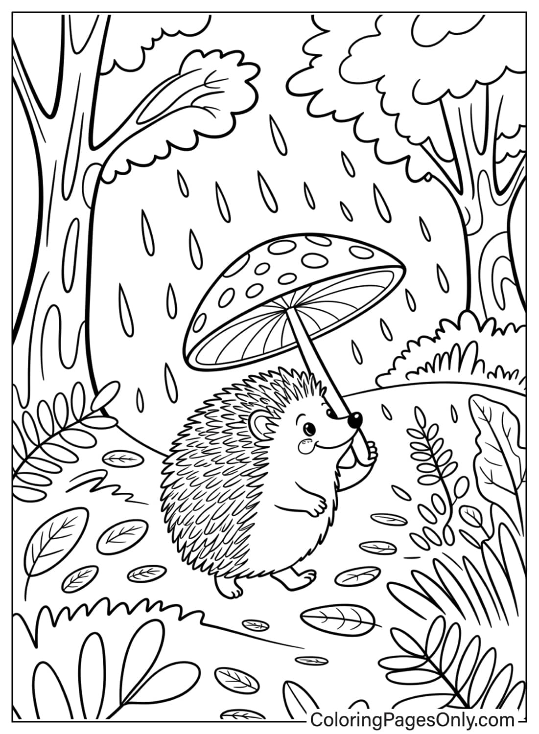 قنفذ يستخدم الفطر كمظلة تحت المطر، صورة غريبة لصفحات تلوين حيوانات كوتيدجكور. من حيوانات كوتيدجكور