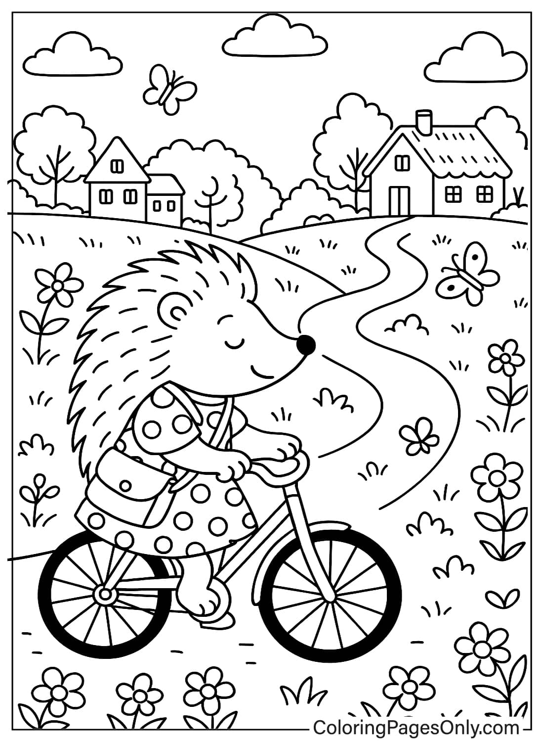 قنفذ يركب دراجة على طريق مليء بالزهور والفراشات، صفحات تلوين حيوانات كوتيدجكور الممتعة. من حيوانات كوتيدجكور
