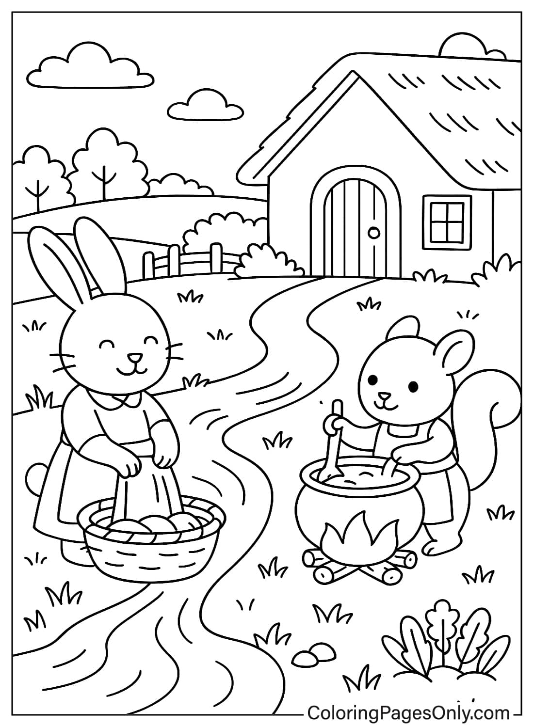 أرنب وسنجاب يطبخان على نار المخيم، صورة ممتعة لصفحات تلوين حيوانات كوتيدجكور. من حيوانات كوتيدجكور