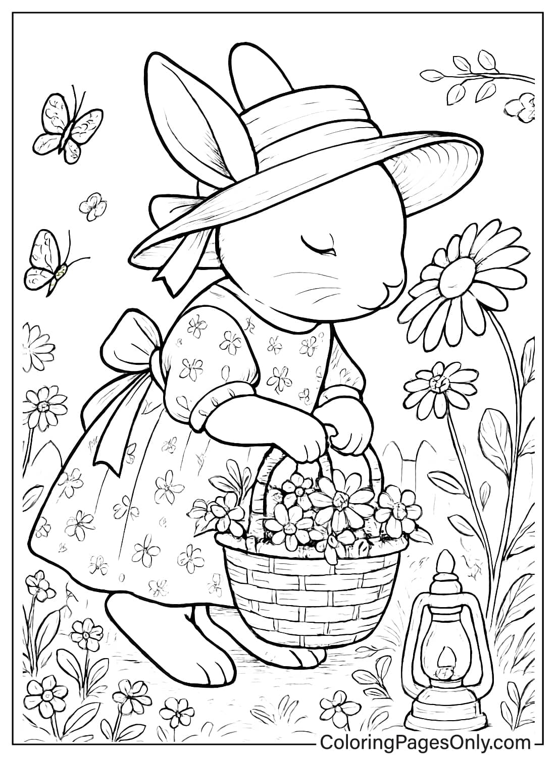 أرنب يرتدي قبعة شمس ويحمل سلة من الزهور، صفحات تلوين حيوانات كوتيدجكور الجميلة. من حيوانات كوتيدجكور