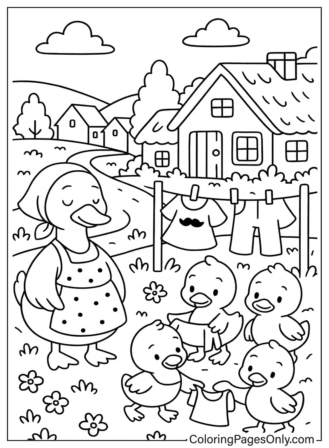 بطة أم مع صغارها يلعبون بالغسيل على الحبل، إحدى صفحات تلوين حيوانات كوتيدجكور. من حيوانات كوتيدجكور