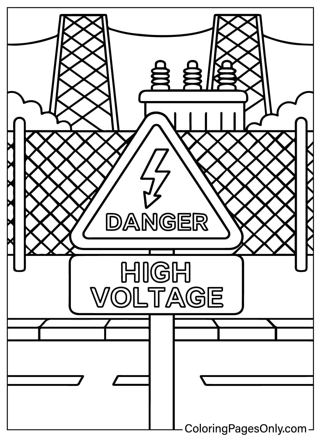 A 'Danger High Voltage' safety sign in front of a power station coloring page. from Safety Signs