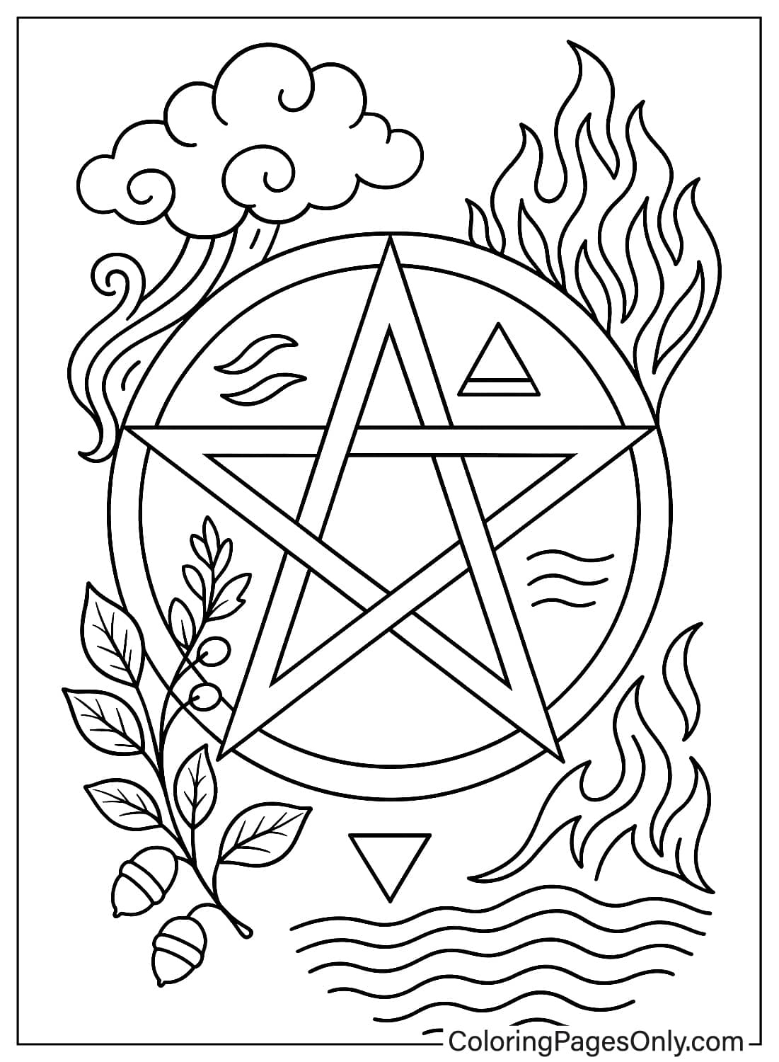 Free Wicca coloring page of a pentagram with earth, air, fire, and water symbols. from Wicca & Pagan