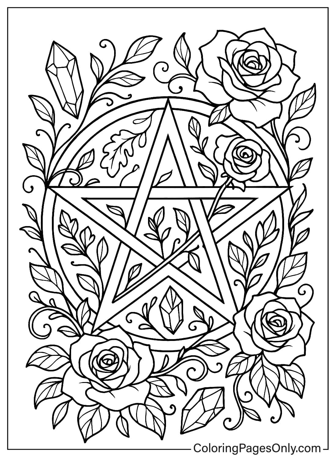 Wicca coloring page featuring a decorative pentagram surrounded by roses, leaves, and crystals. from Wicca & Pagan