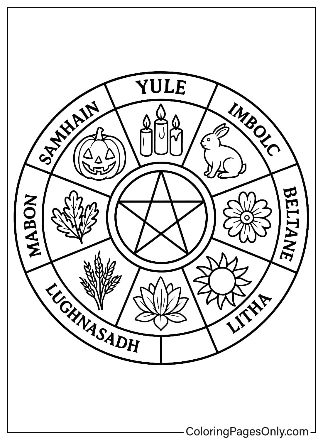 Free printable Wicca coloring page featuring the Wheel of the Year with Sabbats and a central pentagram. from Wicca & Pagan