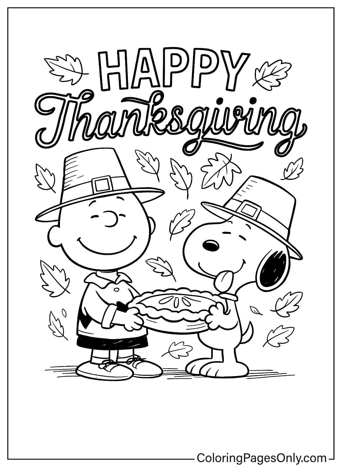 Charlie Brown Snoopy Happy Thanksgiving Pie Coloring Peanuts Gang Pilgrim Hats Thanksgiving Pie Coloring Sheet from Thanksgiving Cartoon