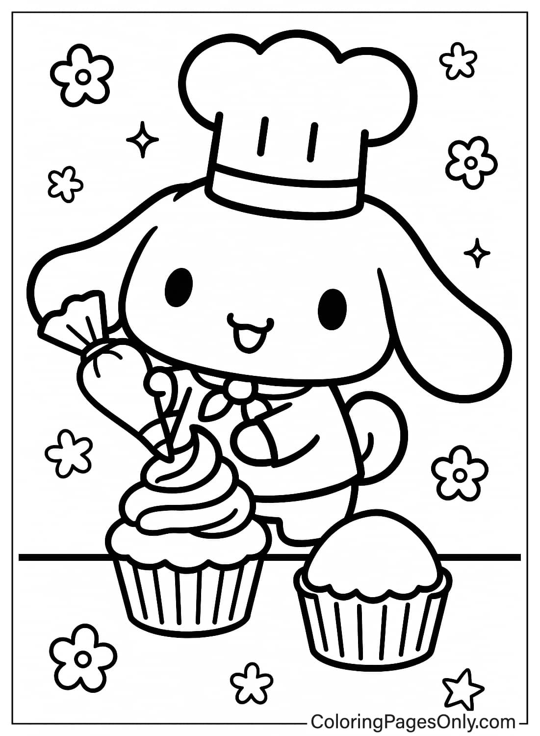 Cinnamoroll Chef Baking Cupcakes Coloring Page Cinnamoroll chef decorating a cupcake with frosting bag coloring from Cinnamoroll