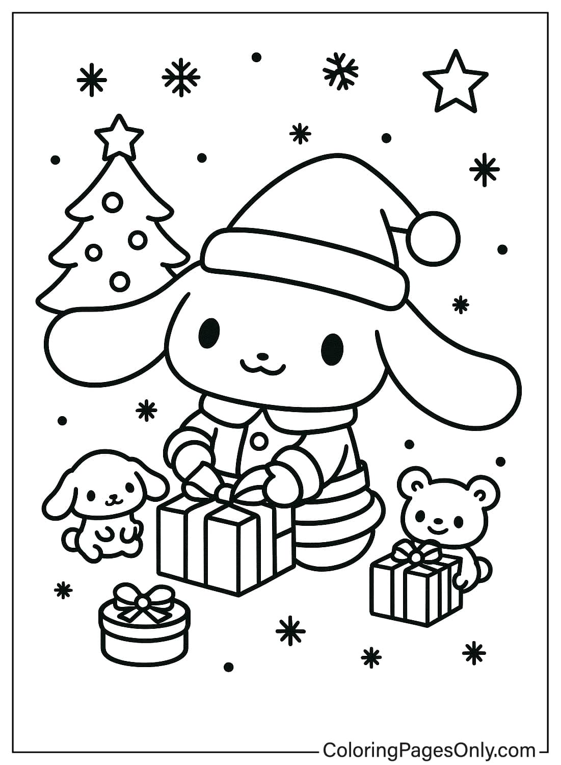 Cinnamoroll Christmas Gifts Coloring Page Cinnamoroll wearing Santa hat opening Christmas presents coloring from Cinnamoroll